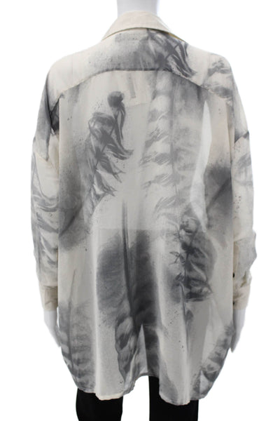 Religion Women Tunic Collared Long Sleeve Button Up Beige Graphic Print Size XS