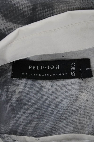 Religion Women Tunic Collared Long Sleeve Button Up Beige Graphic Print Size XS