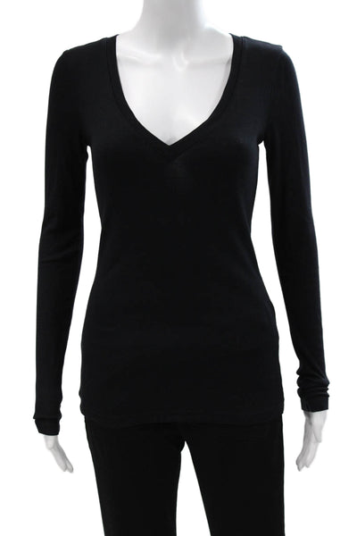 Three Dots Womens Black V-Neck Long Sleeve Basic T-Shirt Cotton Modal Size S