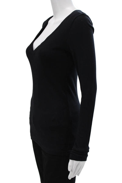 Three Dots Womens Black V-Neck Long Sleeve Basic T-Shirt Cotton Modal Size S