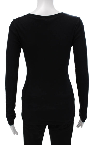 Three Dots Womens Black V-Neck Long Sleeve Basic T-Shirt Cotton Modal Size S