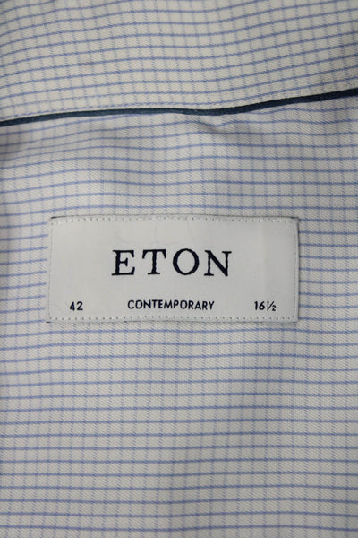 Eton Mens Dress Shirt Lt Blue Check Cotton Point Collar Long Sleeve Size 16.5