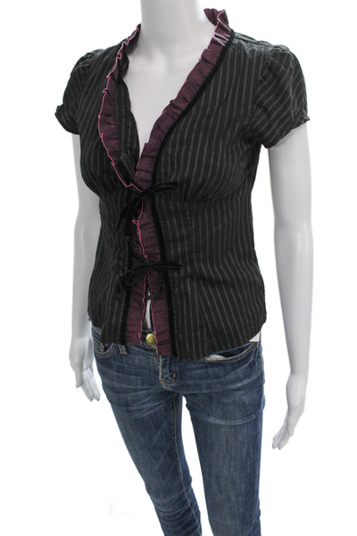 Nanette Lepore Womens Striped V-Neck Short Sleeve Black Blouse Size 2