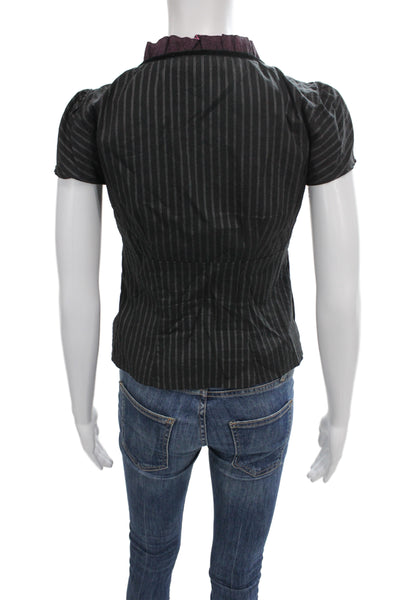 Nanette Lepore Womens Striped V-Neck Short Sleeve Black Blouse Size 2