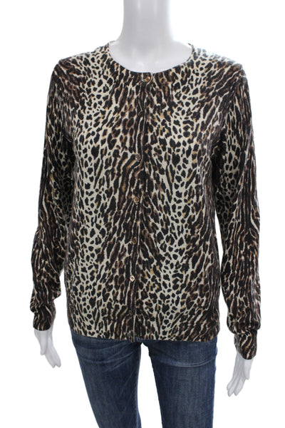 J Crew Womens Beige Merino Wool Animal Print Cardigan Crew Neck Button Size S