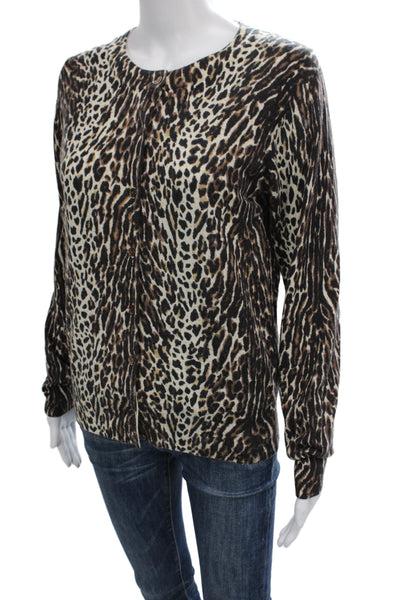 J Crew Womens Beige Merino Wool Animal Print Cardigan Crew Neck Button Size S