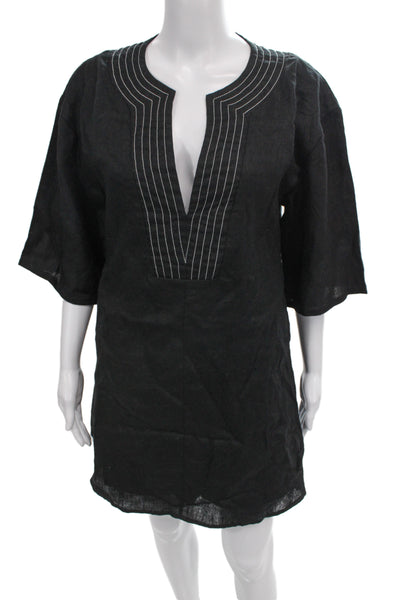 Dissh Women Kaftan Dress Black Linen V Neck 3/4 Sleeve Short Size 4