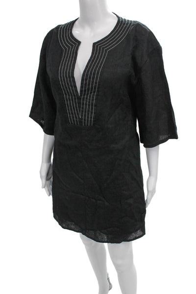 Dissh Women Kaftan Dress Black Linen V Neck 3/4 Sleeve Short Size 4