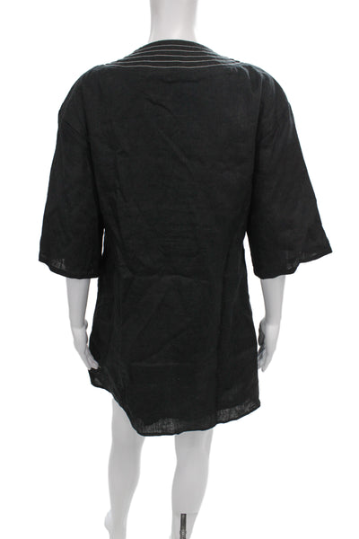 Dissh Women Kaftan Dress Black Linen V Neck 3/4 Sleeve Short Size 4