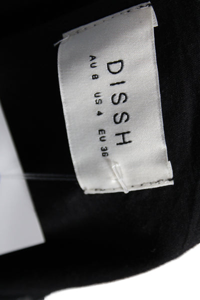 Dissh Women Kaftan Dress Black Linen V Neck 3/4 Sleeve Short Size 4