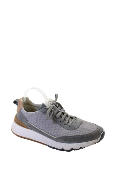 Brunello Cucinelli Mens Lace Up Suede Trim Knit Trainers Sneakers Gray Size 43.5