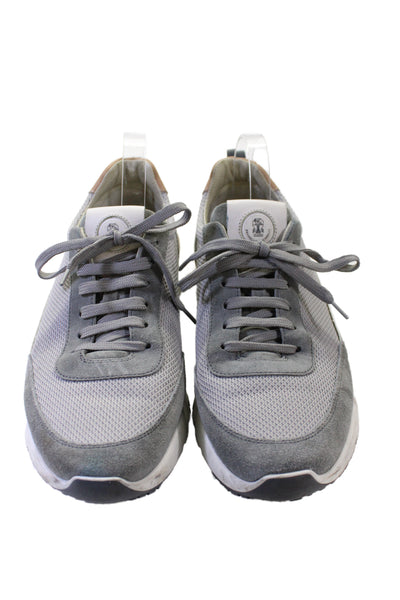 Brunello Cucinelli Mens Lace Up Suede Trim Knit Trainers Sneakers Gray Size 43.5