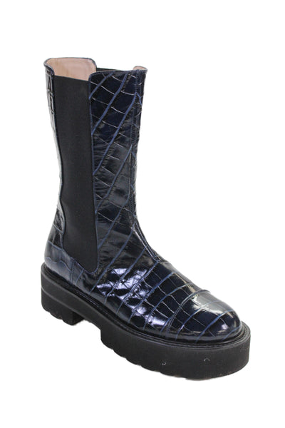 Stuart Weitzman Womens Block Heel Platform Croc Embossed Boots Blue Size 8.5