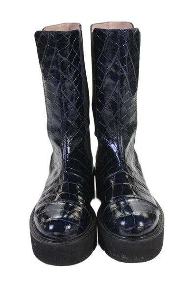 Stuart Weitzman Womens Block Heel Platform Croc Embossed Boots Blue Size 8.5
