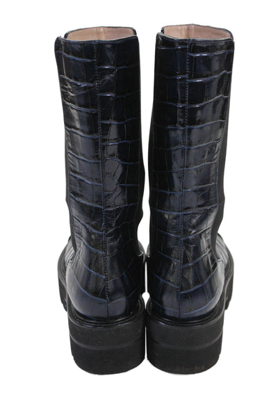 Stuart Weitzman Womens Block Heel Platform Croc Embossed Boots Blue Size 8.5