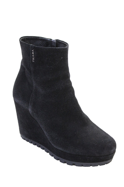 Prada Sport Womens Side Zip Wedge Heel Platform Booties Black Suede Size 39.5