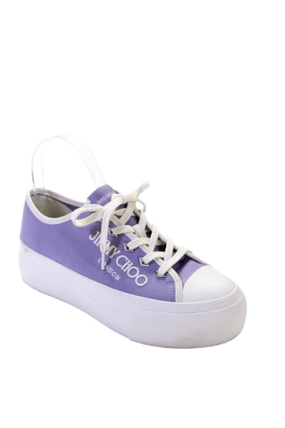 Jimmy Choo Womens Lace Up Cap Toe Canvas Logo Sneakers Purple White Size 39