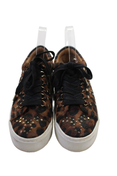 Joie Womens Lace Up Leopard Print Pony Hair Studded Sneakers Brown Size 38.5