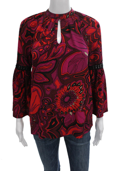 Trina Turk Women Tunic Red Floral High Neck Long Sleeve Silk Button Size XS