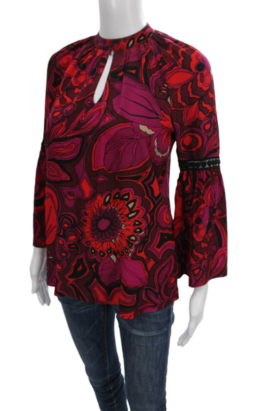 Trina Turk Women Tunic Red Floral High Neck Long Sleeve Silk Button Size XS