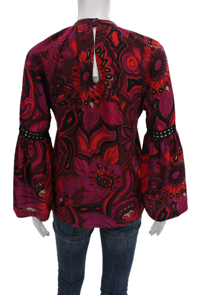 Trina Turk Women Tunic Red Floral High Neck Long Sleeve Silk Button Size XS
