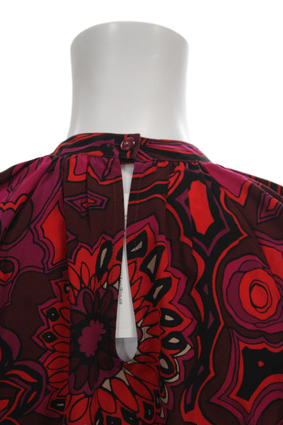 Trina Turk Women Tunic Red Floral High Neck Long Sleeve Silk Button Size XS