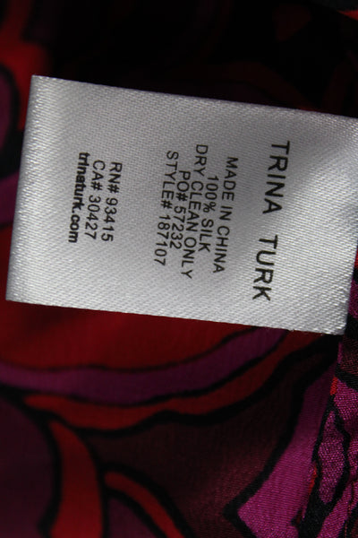Trina Turk Women Tunic Red Floral High Neck Long Sleeve Silk Button Size XS