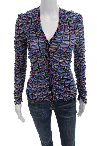 DVF Women Black V-Neck Geometric Floral Long Sleeve Button-Up Size S
