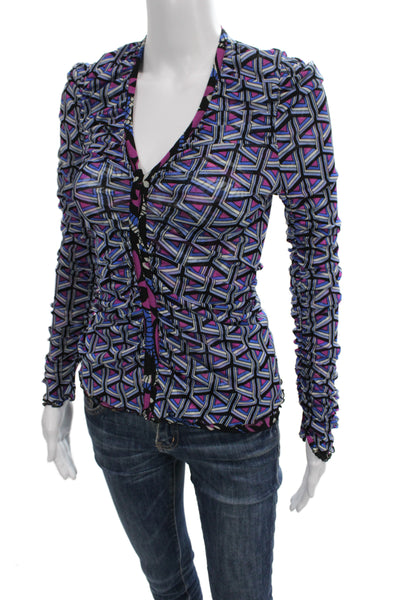DVF Women Black V-Neck Geometric Floral Long Sleeve Button-Up Size S