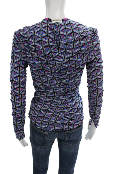 DVF Women Black V-Neck Geometric Floral Long Sleeve Button-Up Size S