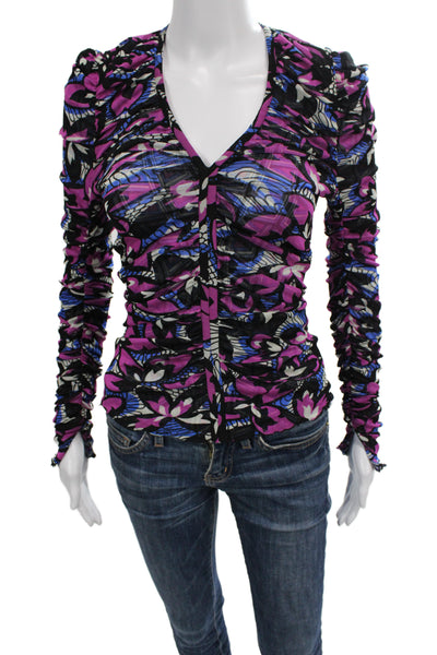 DVF Women Black V-Neck Geometric Floral Long Sleeve Button-Up Size S