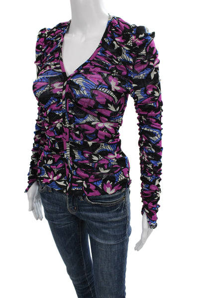 DVF Women Black V-Neck Geometric Floral Long Sleeve Button-Up Size S