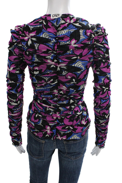 DVF Women Black V-Neck Geometric Floral Long Sleeve Button-Up Size S