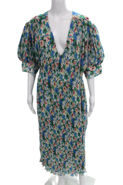 Ganni Womens Kaftan Maxi Dress Blue Silk V-Neck 3/4 Sleeve Floral Size L