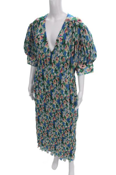 Ganni Womens Kaftan Maxi Dress Blue Silk V-Neck 3/4 Sleeve Floral Size L