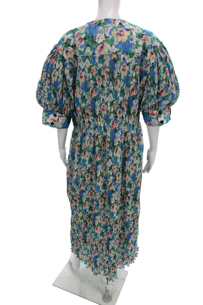 Ganni Womens Kaftan Maxi Dress Blue Silk V-Neck 3/4 Sleeve Floral Size L
