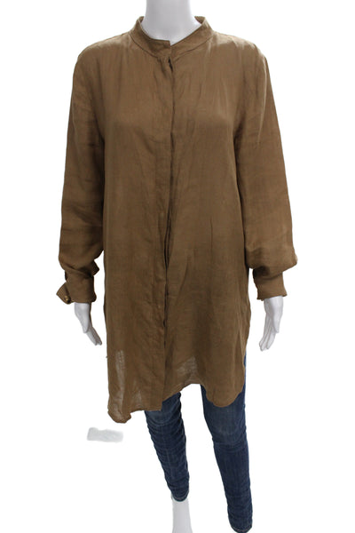 Sarah Pacini Women Tunic Button-Up Brown 100% Linen Collared Long Sleeve Size 3
