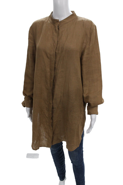 Sarah Pacini Women Tunic Button-Up Brown 100% Linen Collared Long Sleeve Size 3