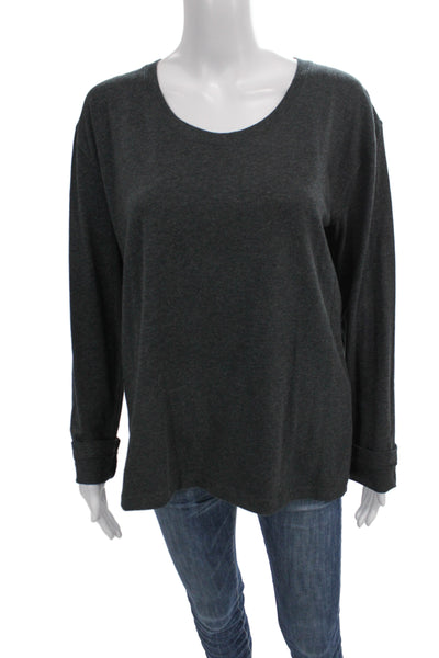 Eskandar Women Basic Jersey T-Shirt Dark Gray Long Sleeve Round Neck Size L