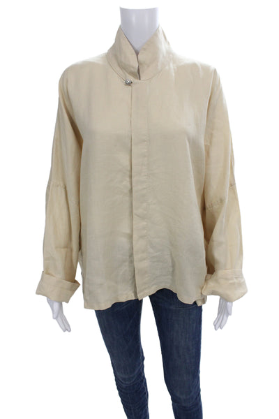 Planet Women Beige Linen High Neck Long Sleeve Button Up Blouse Size One Size