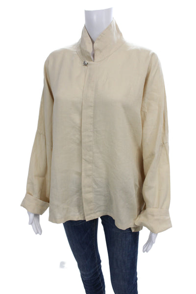Planet Women Beige Linen High Neck Long Sleeve Button Up Blouse Size One Size