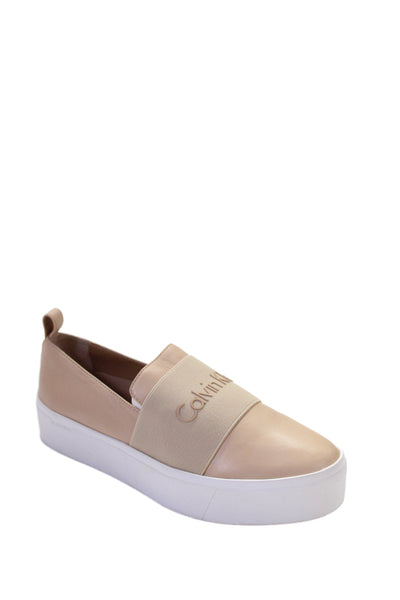 Calvin Klein Womens Leather Slide On Jacinta Platform Sneakers Beige Size 7