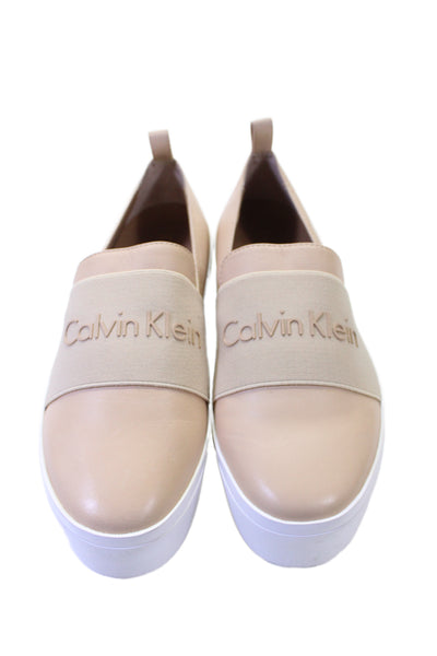 Calvin Klein Womens Leather Slide On Jacinta Platform Sneakers Beige Size 7