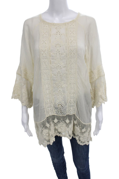 Johnny Was Women Tunic Blouse Beige Cotton 3/4 Sleeve Bohemian Size M