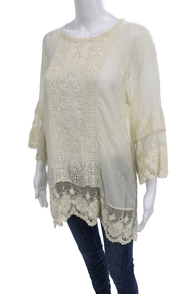 Johnny Was Women Tunic Blouse Beige Cotton 3/4 Sleeve Bohemian Size M
