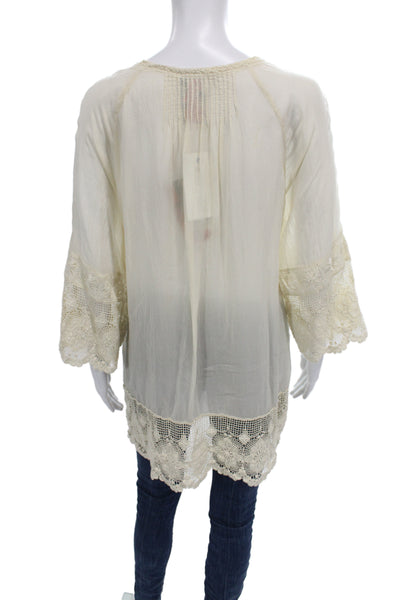 Johnny Was Women Tunic Blouse Beige Cotton 3/4 Sleeve Bohemian Size M