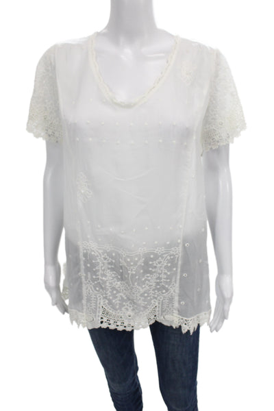 Johnny Was Women Boho Tunic Blouse White Rayon Short Sleeve Size M