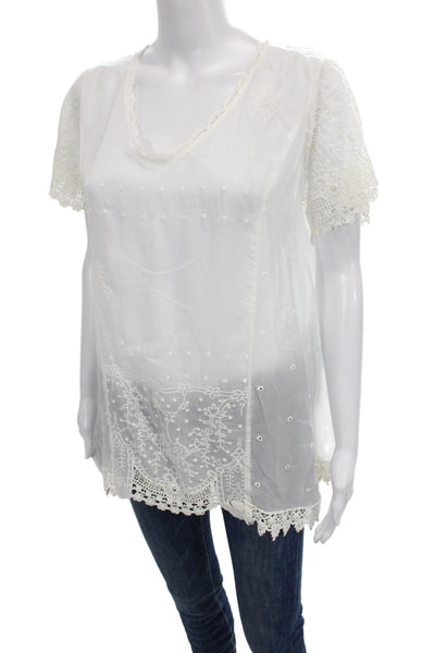 Johnny Was Women Boho Tunic Blouse White Rayon Short Sleeve Size M