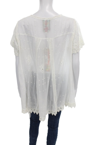 Johnny Was Women Boho Tunic Blouse White Rayon Short Sleeve Size M