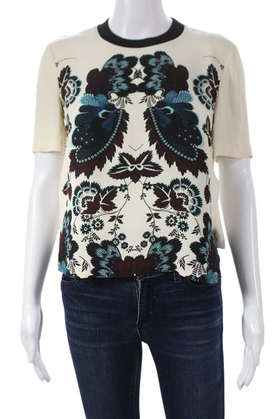 A.L.C. Womens Cropped Ringer Floral Silk Blouse Beige Short Sleeve Size 2